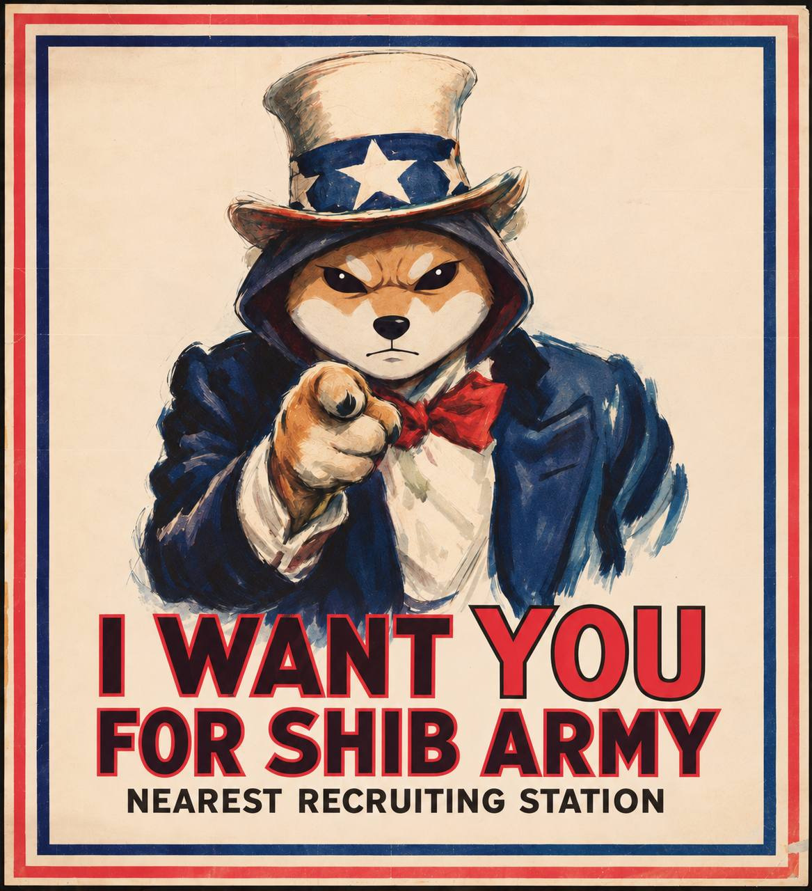 Uncle Sam-style Shiba recruitment poster: I want you for SHIB Army. Nearest recruiting station.
