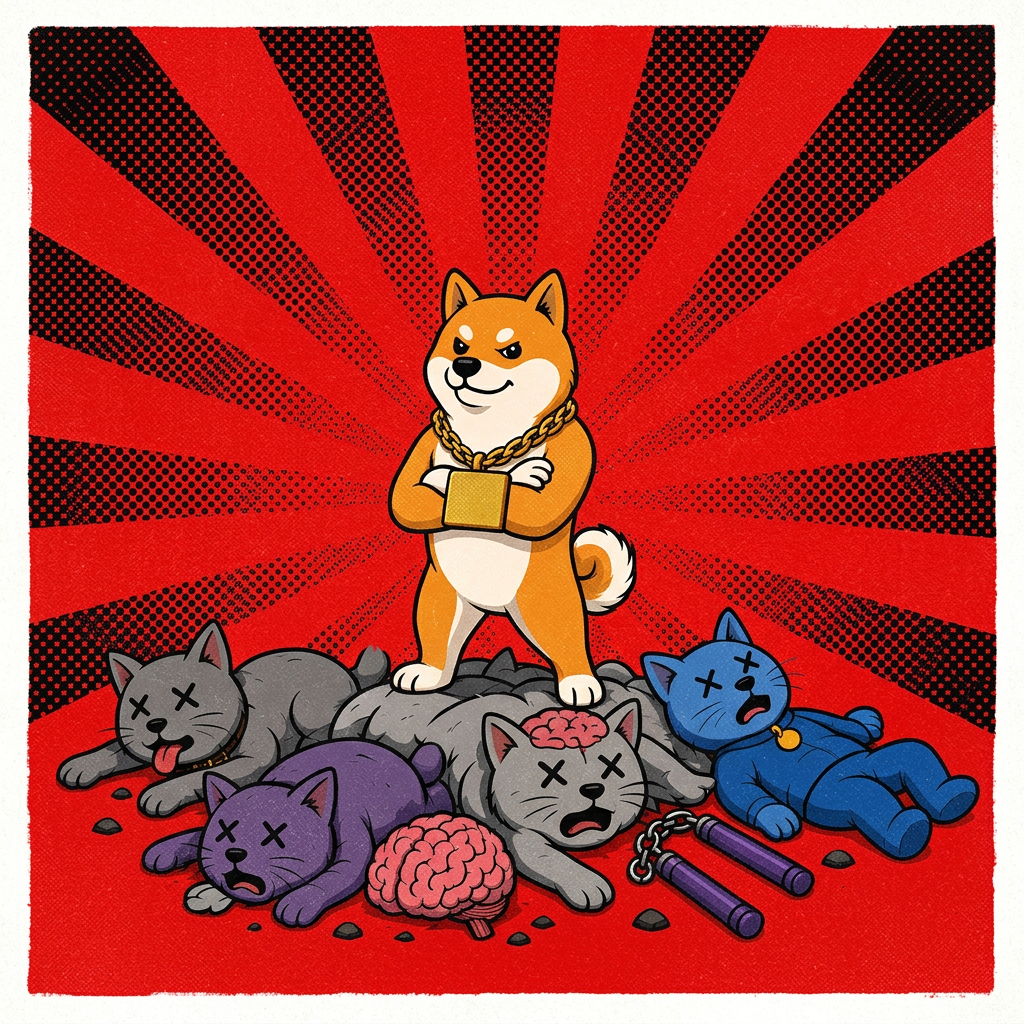 戴金链的橙色柴犬双臂交叉，站在红黑放射背景前的军团海报